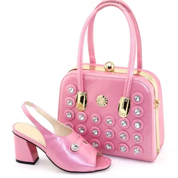 Гореща разпродажба, розови дамски обувки-лодка с много украса под формата на кристали, чанта в комплекта за африканската обувки, подходяща чанта V8101